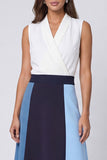 Ivory and Blue Shawl Lapel Color Block Long A Line Work Dress