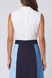 Ivory and Blue Shawl Lapel Color Block Long A Line Work Dress