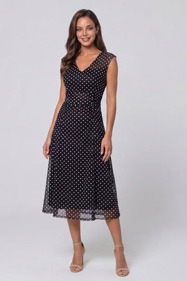 Black and White Polka Dots V-Neck Long A Line Work Dress