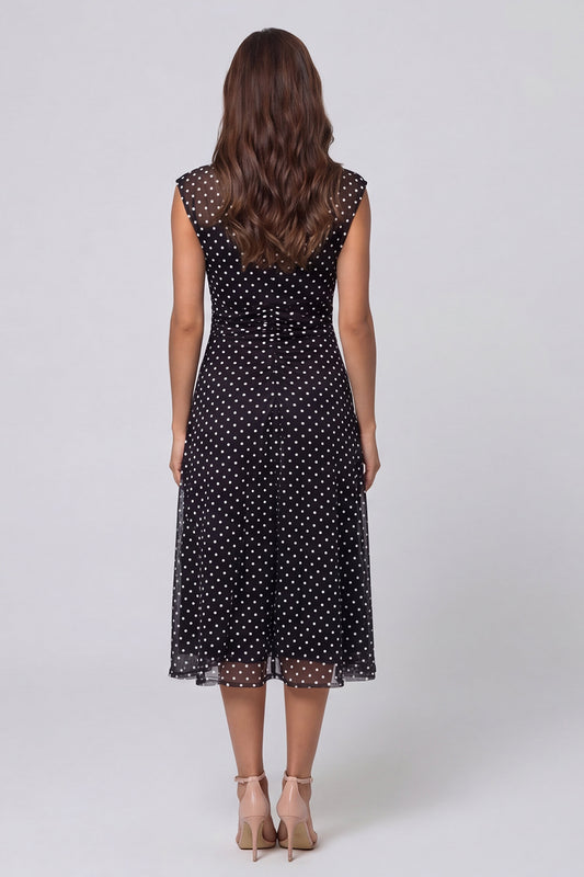 Black and White Polka Dots V-Neck Long A Line Work Dress