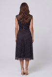 Black and White Polka Dots V-Neck Long A Line Work Dress