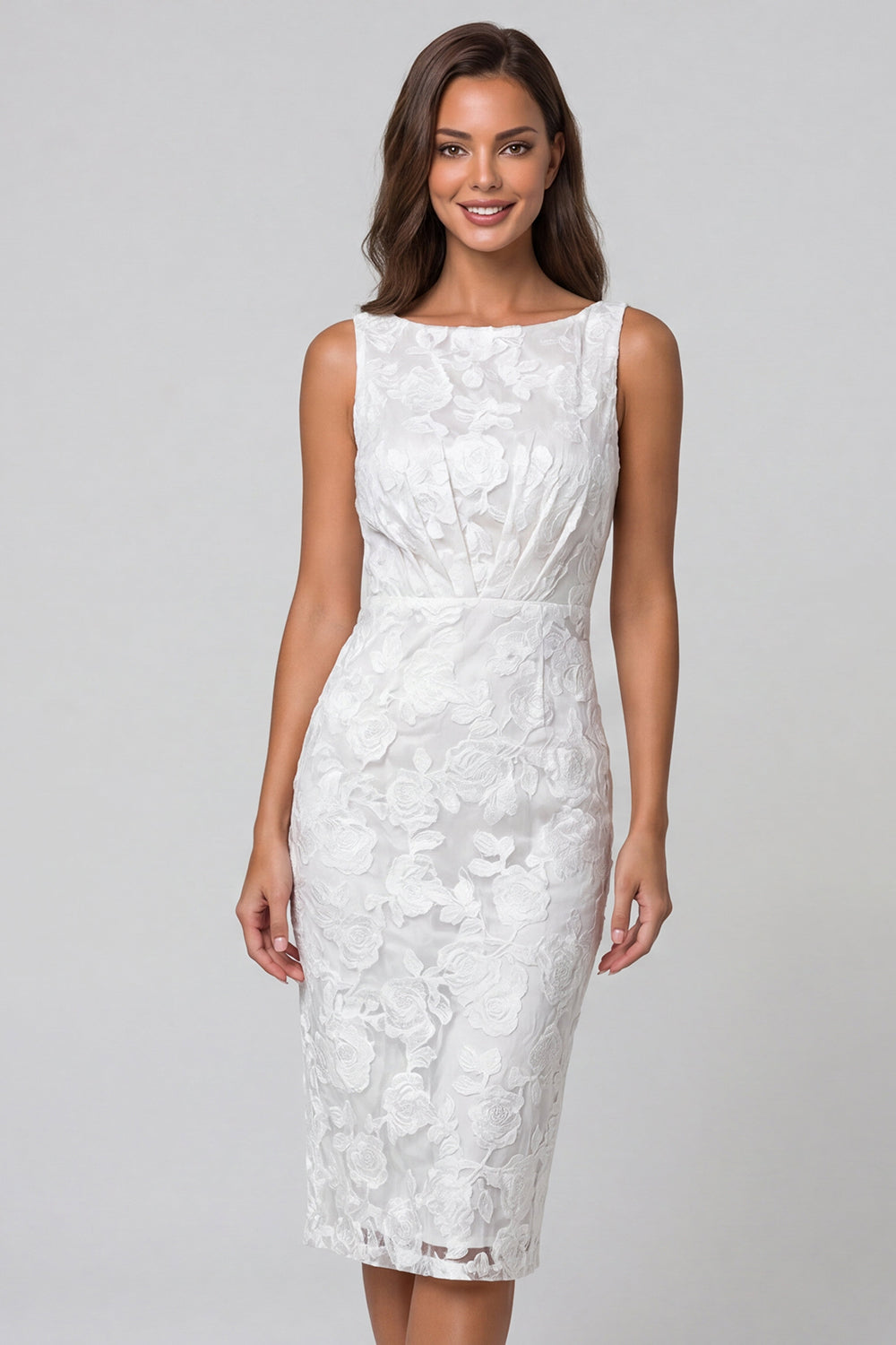 Ivory Boat Neck Floral Lace Ruched Pencil Midi Work Dress
