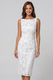 Ivory Boat Neck Floral Lace Ruched Pencil Midi Work Dress