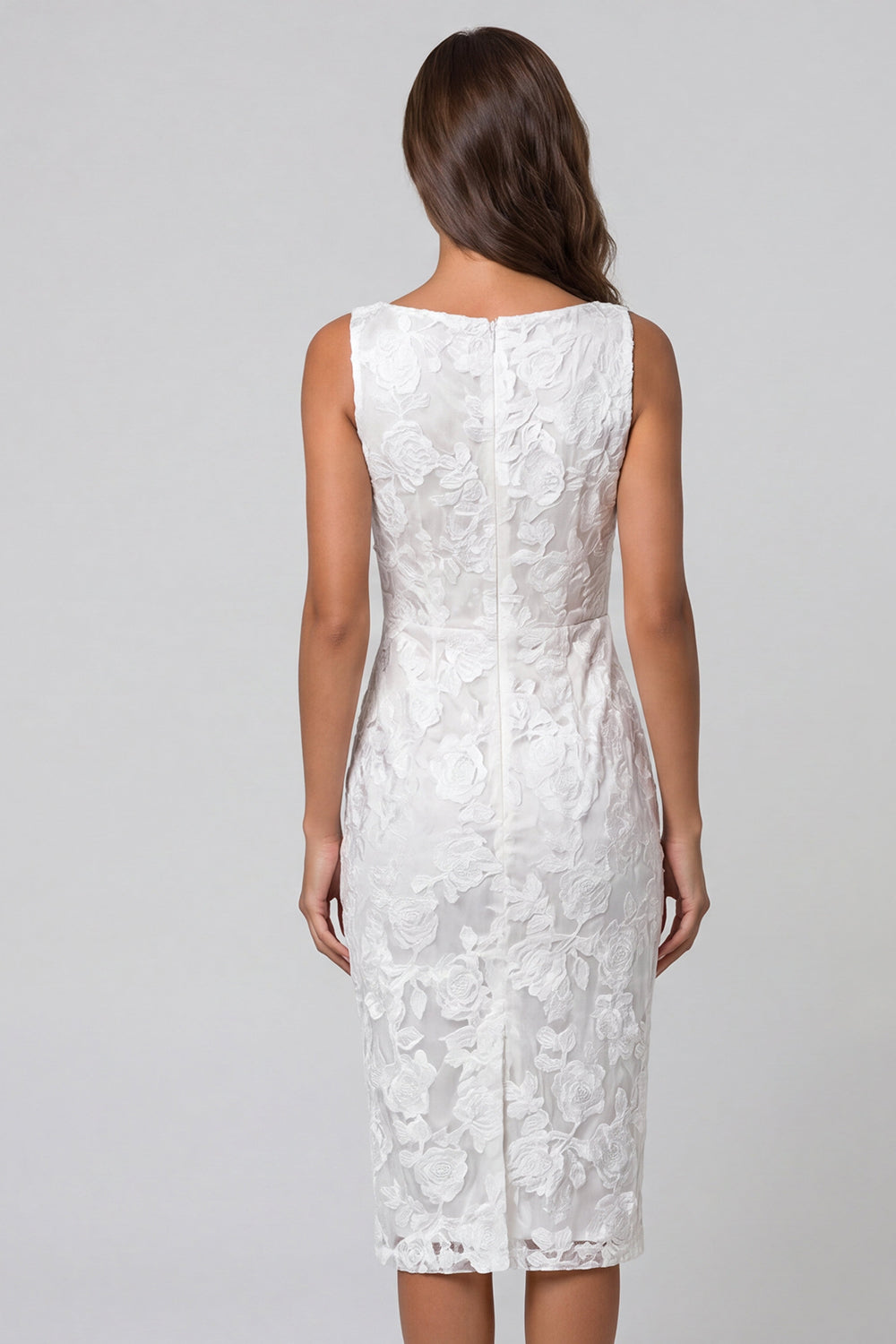 Ivory Boat Neck Floral Lace Ruched Pencil Midi Work Dress