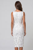 Ivory Boat Neck Floral Lace Ruched Pencil Midi Work Dress