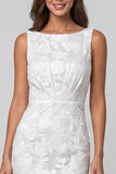 Ivory Boat Neck Floral Lace Ruched Pencil Midi Work Dress