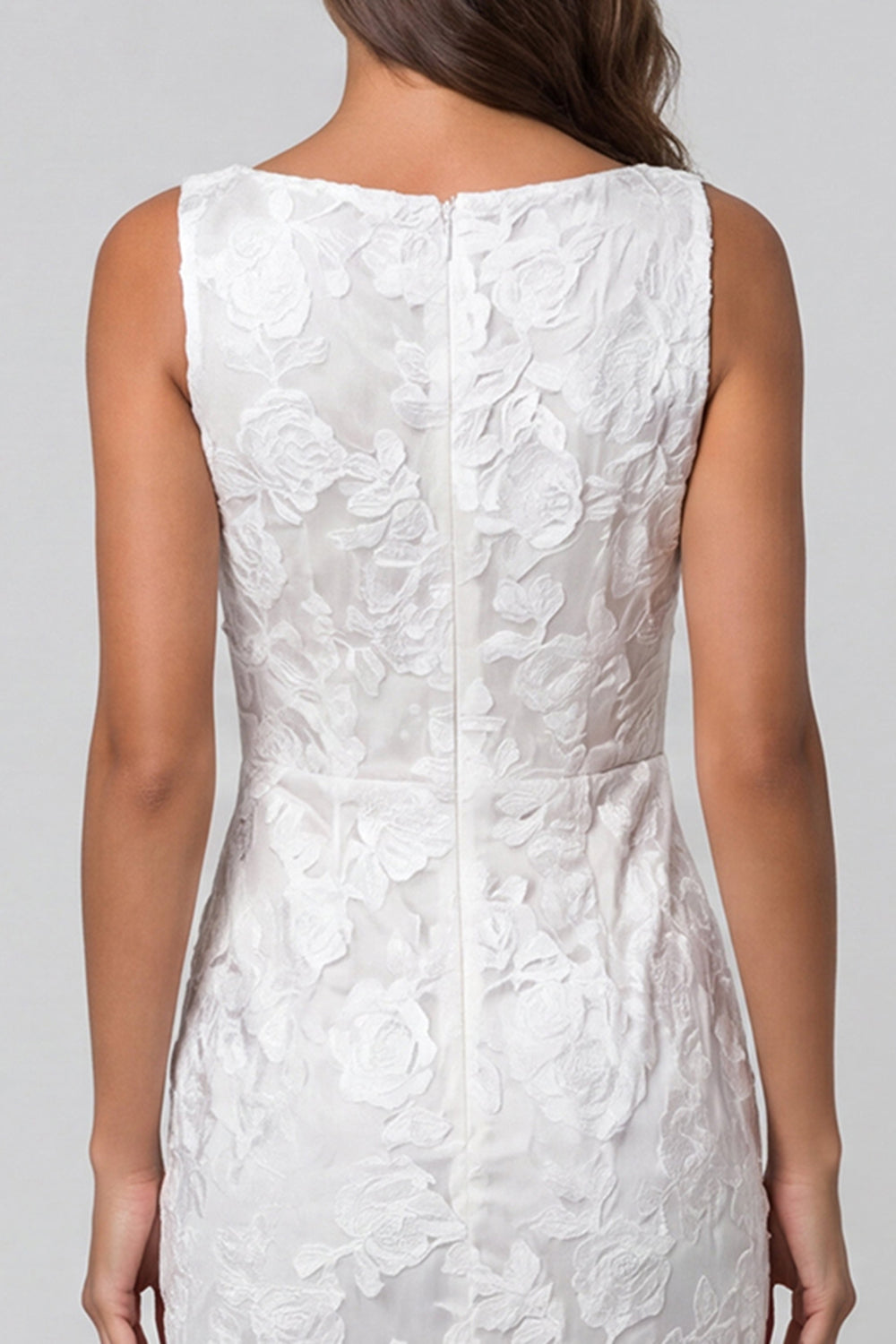 Ivory Boat Neck Floral Lace Ruched Pencil Midi Work Dress