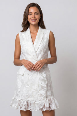 Floral Short Ivory Double Breasted Shawl Lapel Work Dress with Ruffles