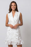 Floral Short Ivory Double Breasted Shawl Lapel Work Dress with Ruffles