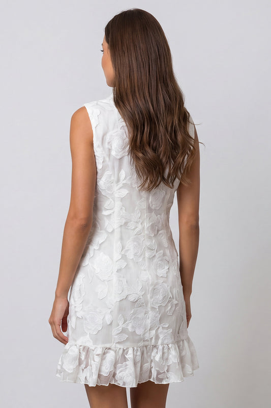Floral Short Ivory Double Breasted Shawl Lapel Work Dress with Ruffles