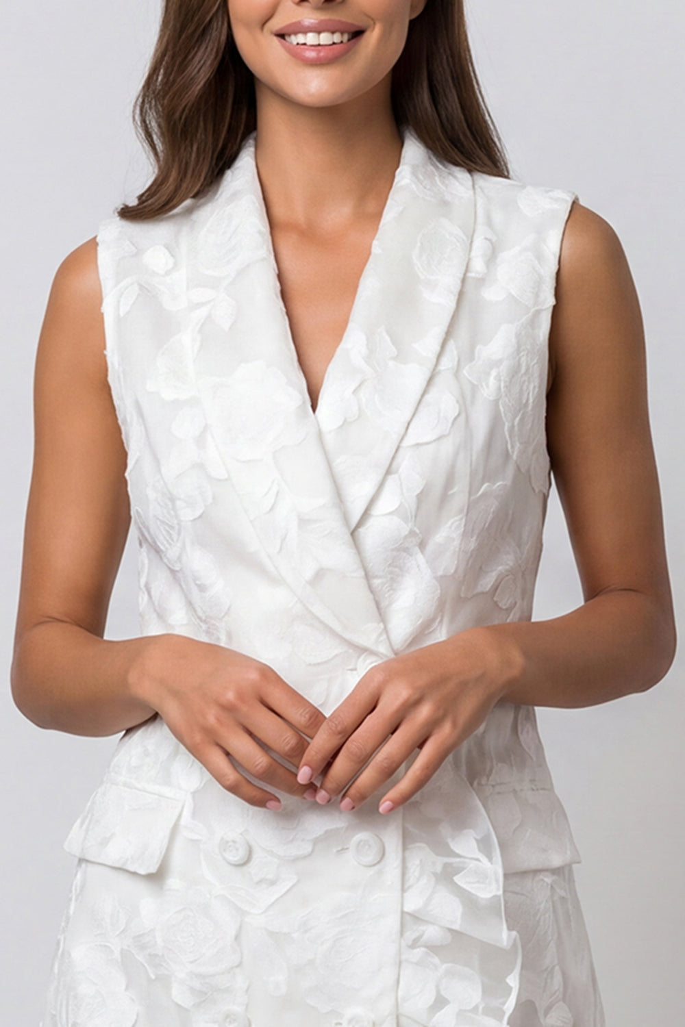 Floral Short Ivory Double Breasted Shawl Lapel Work Dress with Ruffles