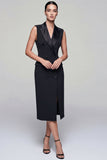 Black Midi Double Breasted Peak Lapel Work Dress with Slit