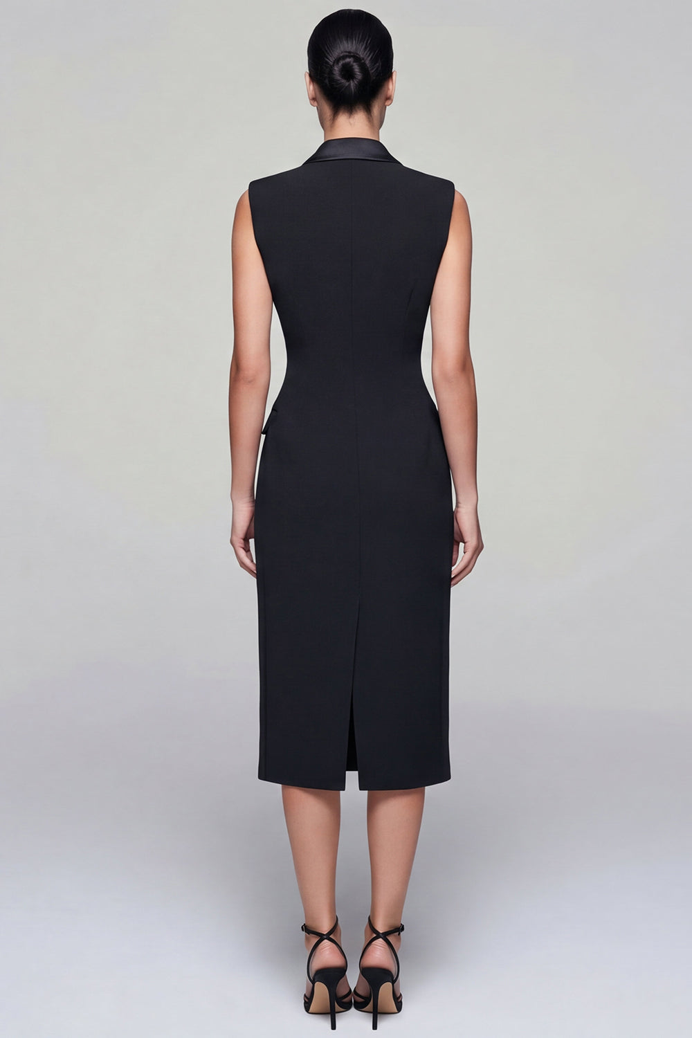 Black Midi Double Breasted Peak Lapel Work Dress with Slit