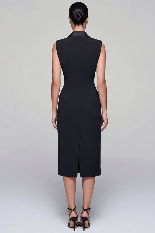 Black Midi Double Breasted Peak Lapel Work Dress with Slit