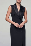 Black Midi Double Breasted Peak Lapel Work Dress with Slit
