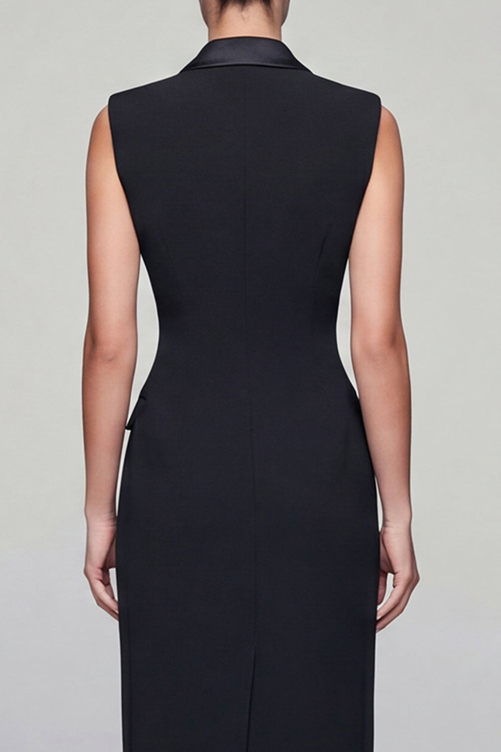 Black Midi Double Breasted Peak Lapel Work Dress with Slit