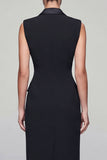 Black Midi Double Breasted Peak Lapel Work Dress with Slit