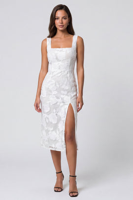 Ivory Square Neck Floral Lace Pencil Midi Work Dress with Slit