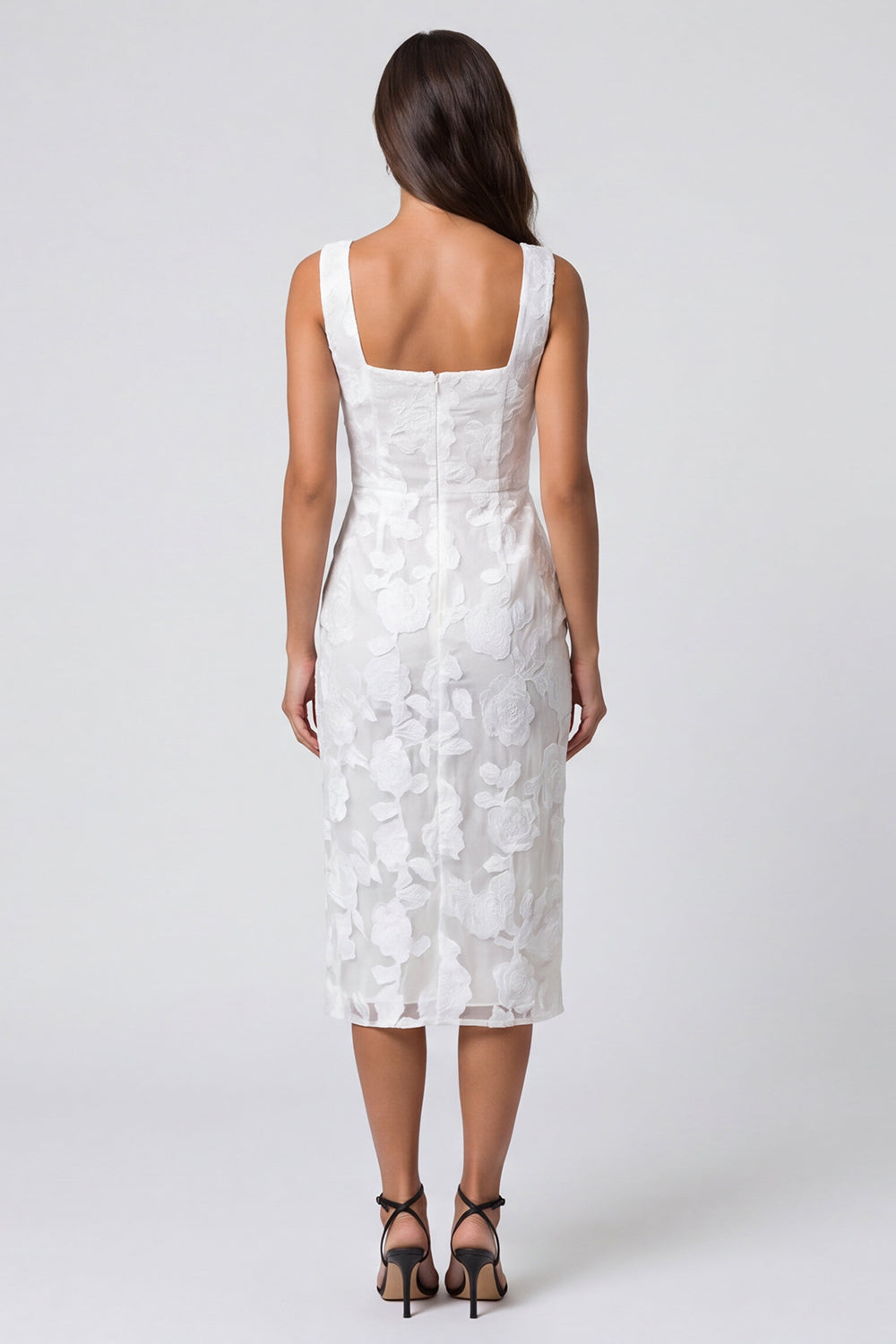 Ivory Square Neck Floral Lace Pencil Midi Work Dress with Slit