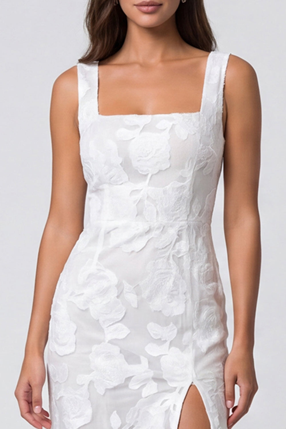 Ivory Square Neck Floral Lace Pencil Midi Work Dress with Slit