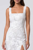 Ivory Square Neck Floral Lace Pencil Midi Work Dress with Slit