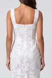 Ivory Square Neck Floral Lace Pencil Midi Work Dress with Slit