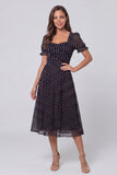 Black and White Polka Dots Short Sleeves Long A Line Work Dress