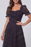 Black and White Polka Dots Short Sleeves Long A Line Work Dress