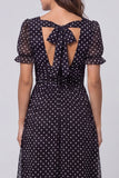 Black and White Polka Dots Short Sleeves Long A Line Work Dress