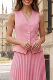 Pink Midi 2 Piece Single Breasted V-Neck Business Suits with Pleats