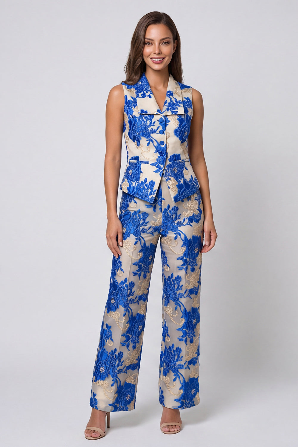 Blue 2 Piece Shawl Lapel Floral Single Breasted Business Suits