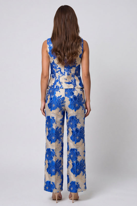 Blue 2 Piece Shawl Lapel Floral Single Breasted Business Suits