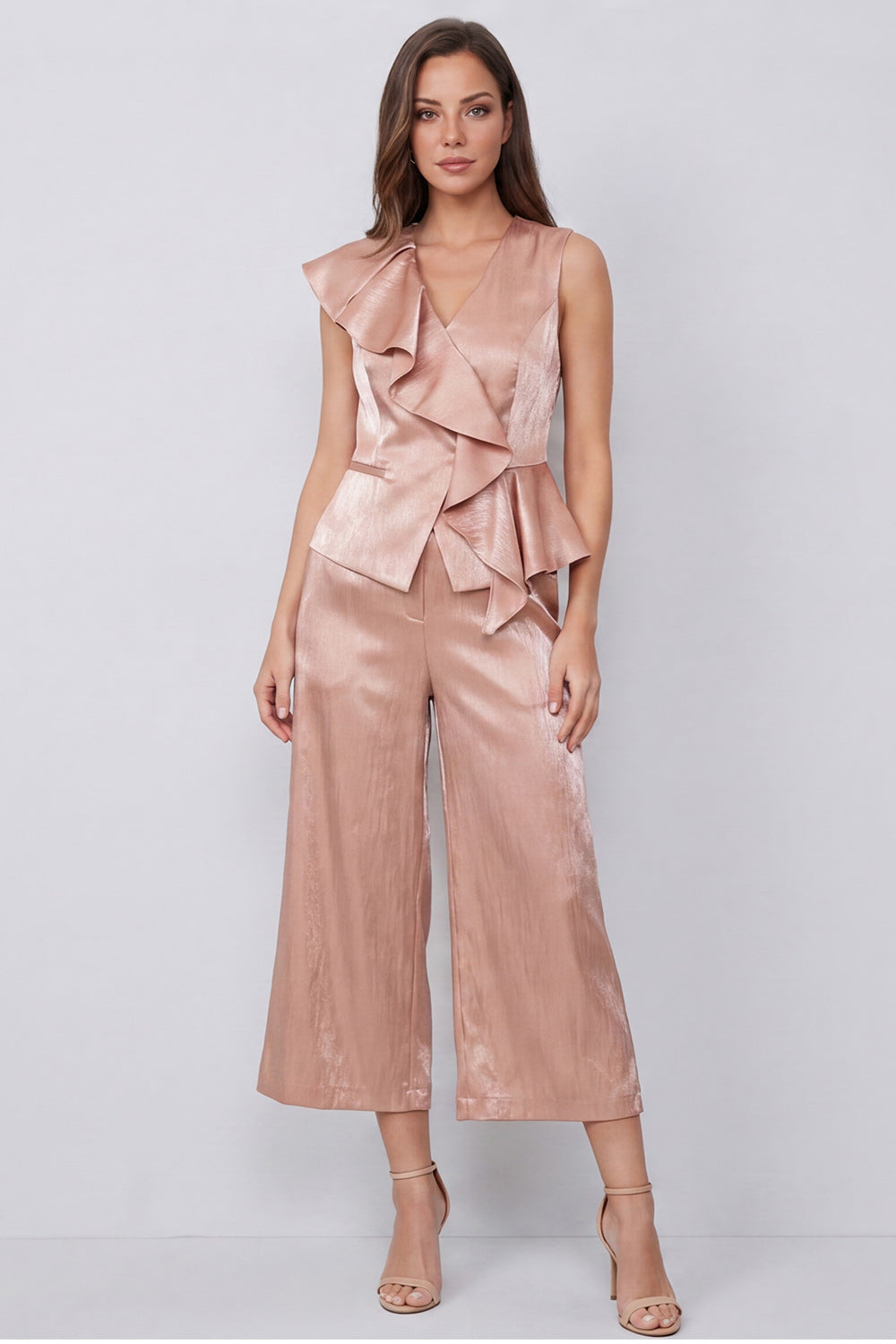 Dusty Rose 2 Piece V-Neck Wide Leg Business Suits with Ruffles