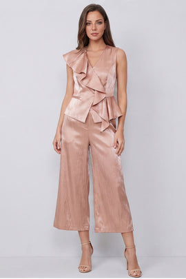 Dusty Rose 2 Piece V-Neck Wide Leg Business Suits with Ruffles