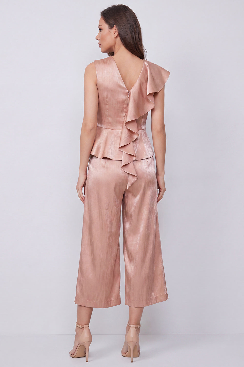 Dusty Rose 2 Piece V-Neck Wide Leg Business Suits with Ruffles