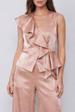 Dusty Rose 2 Piece V-Neck Wide Leg Business Suits with Ruffles