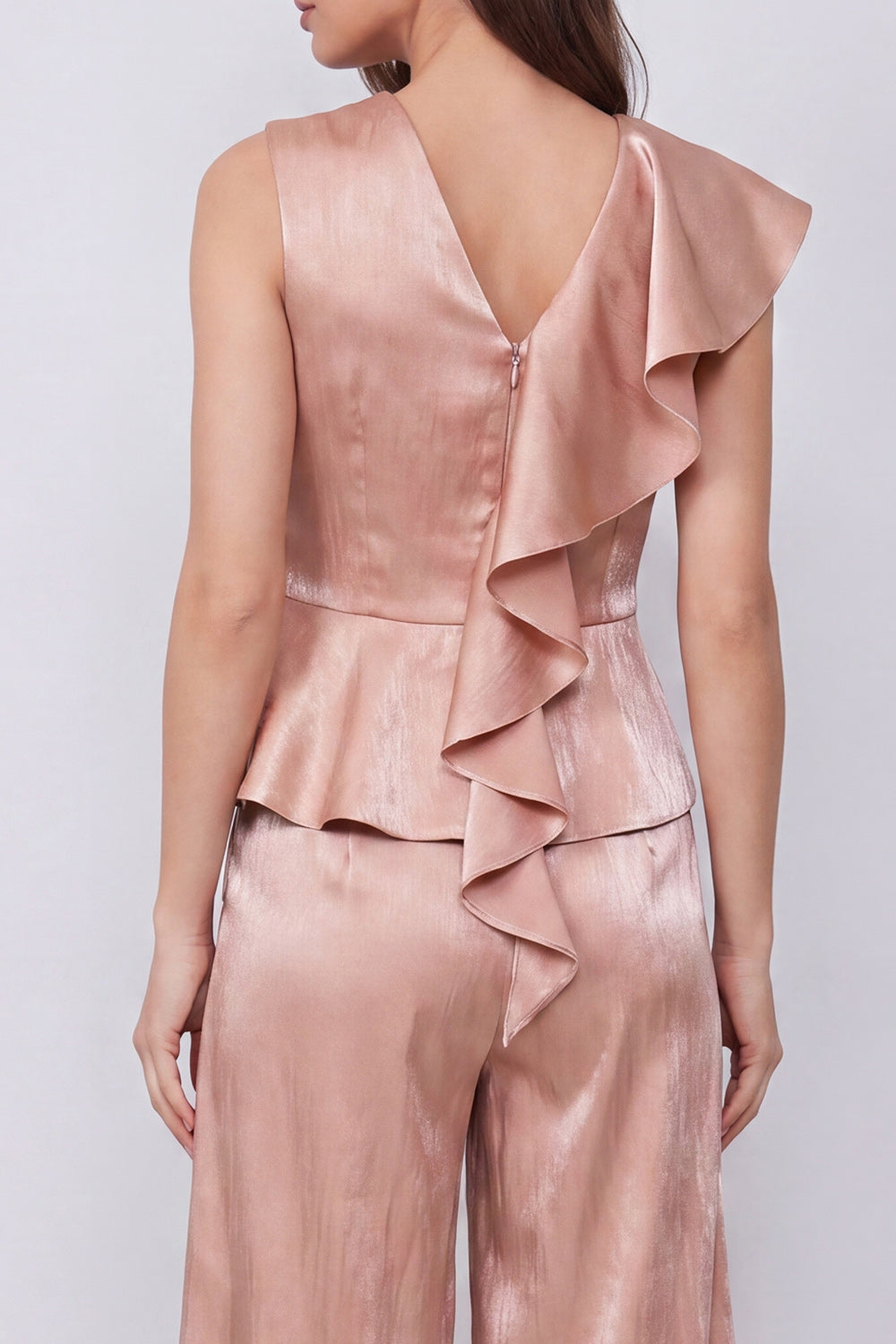 Dusty Rose 2 Piece V-Neck Wide Leg Business Suits with Ruffles
