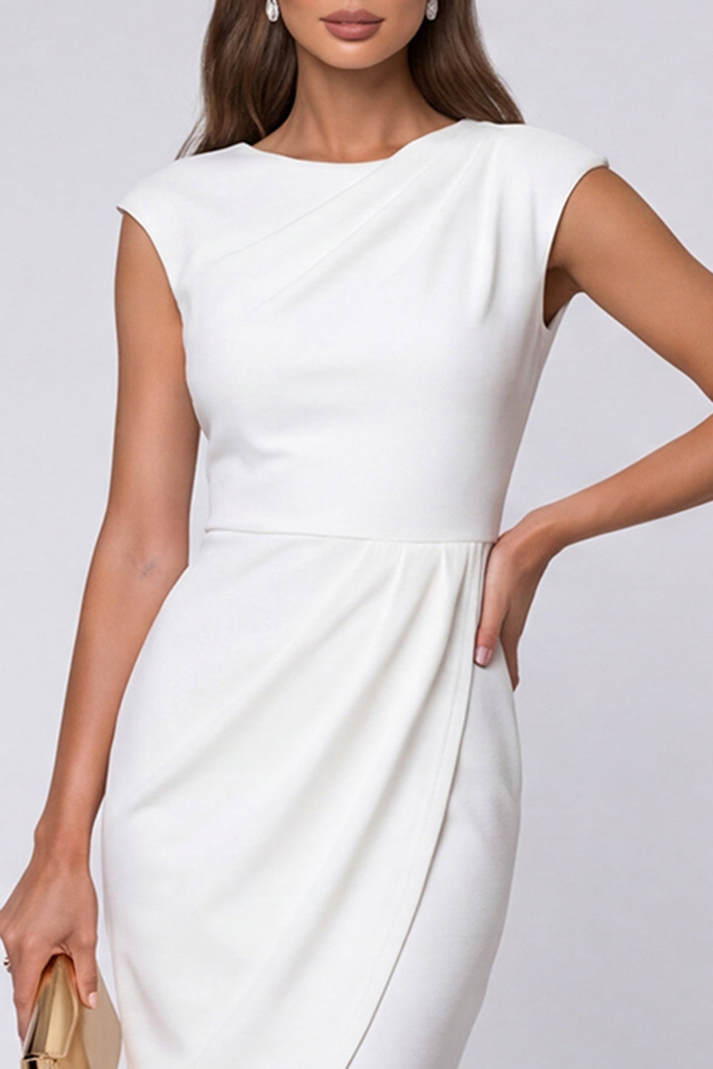 Ivory Boat Neck Ruched Pencil Midi Cap Sleeves Work Dress