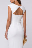 Ivory Boat Neck Ruched Pencil Midi Cap Sleeves Work Dress
