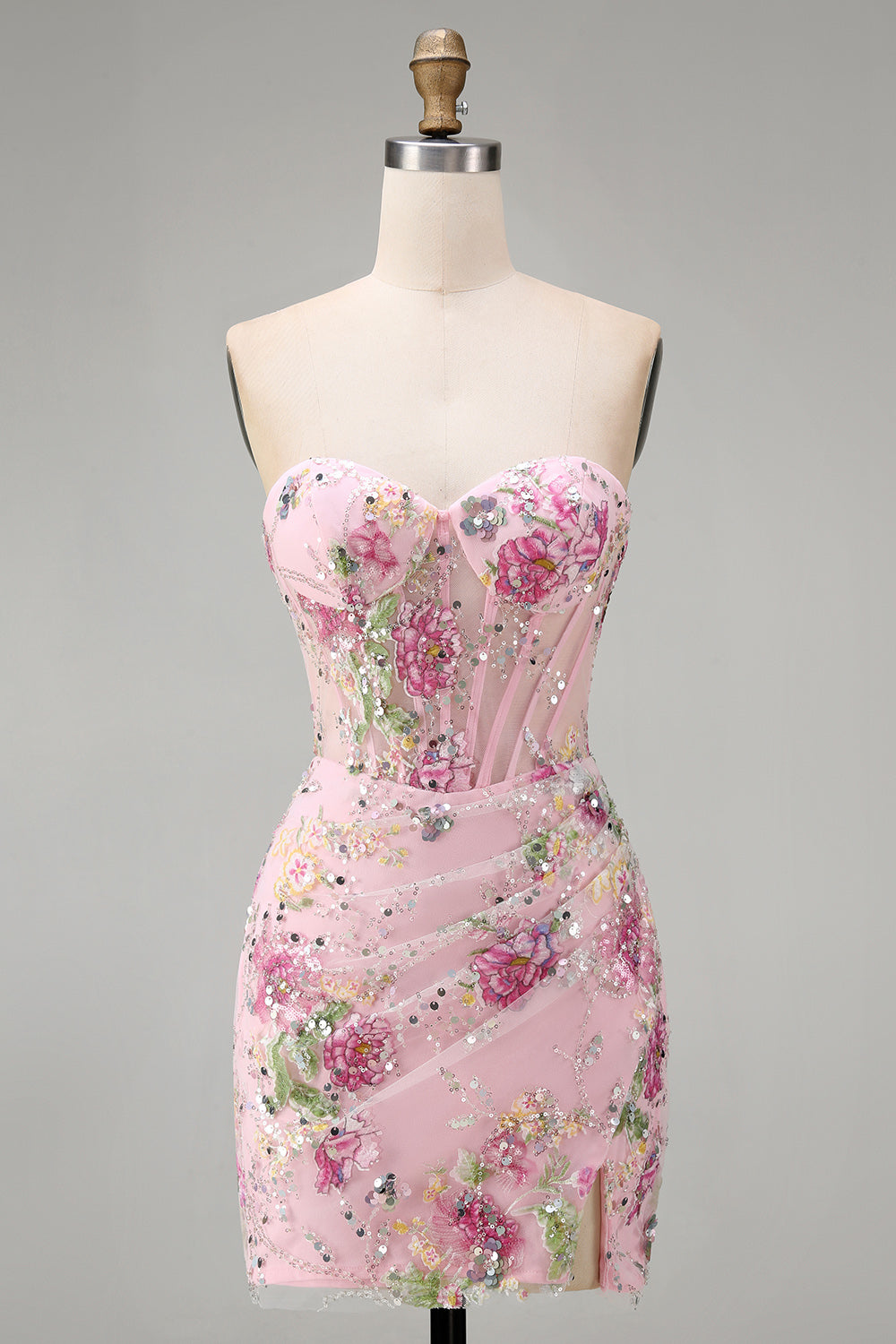 Floral Corset Tight Short Sparkly Pink Ruched Beaded Homecoming Dress with Slit