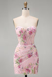 Floral Corset Tight Short Sparkly Pink Ruched Beaded Homecoming Dress with Slit