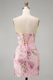 Floral Corset Tight Short Sparkly Pink Ruched Beaded Homecoming Dress with Slit