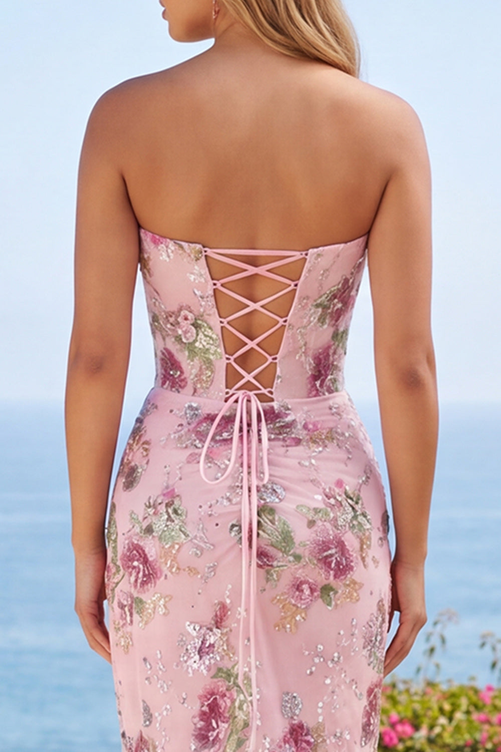 Floral Corset Tight Short Sparkly Pink Ruched Beaded Homecoming Dress with Slit