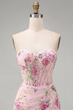 Floral Corset Tight Short Sparkly Pink Ruched Beaded Homecoming Dress with Slit
