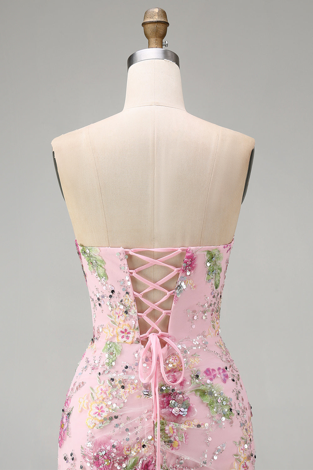 Floral Corset Tight Short Sparkly Pink Ruched Beaded Homecoming Dress with Slit