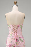 Floral Corset Tight Short Sparkly Pink Ruched Beaded Homecoming Dress with Slit