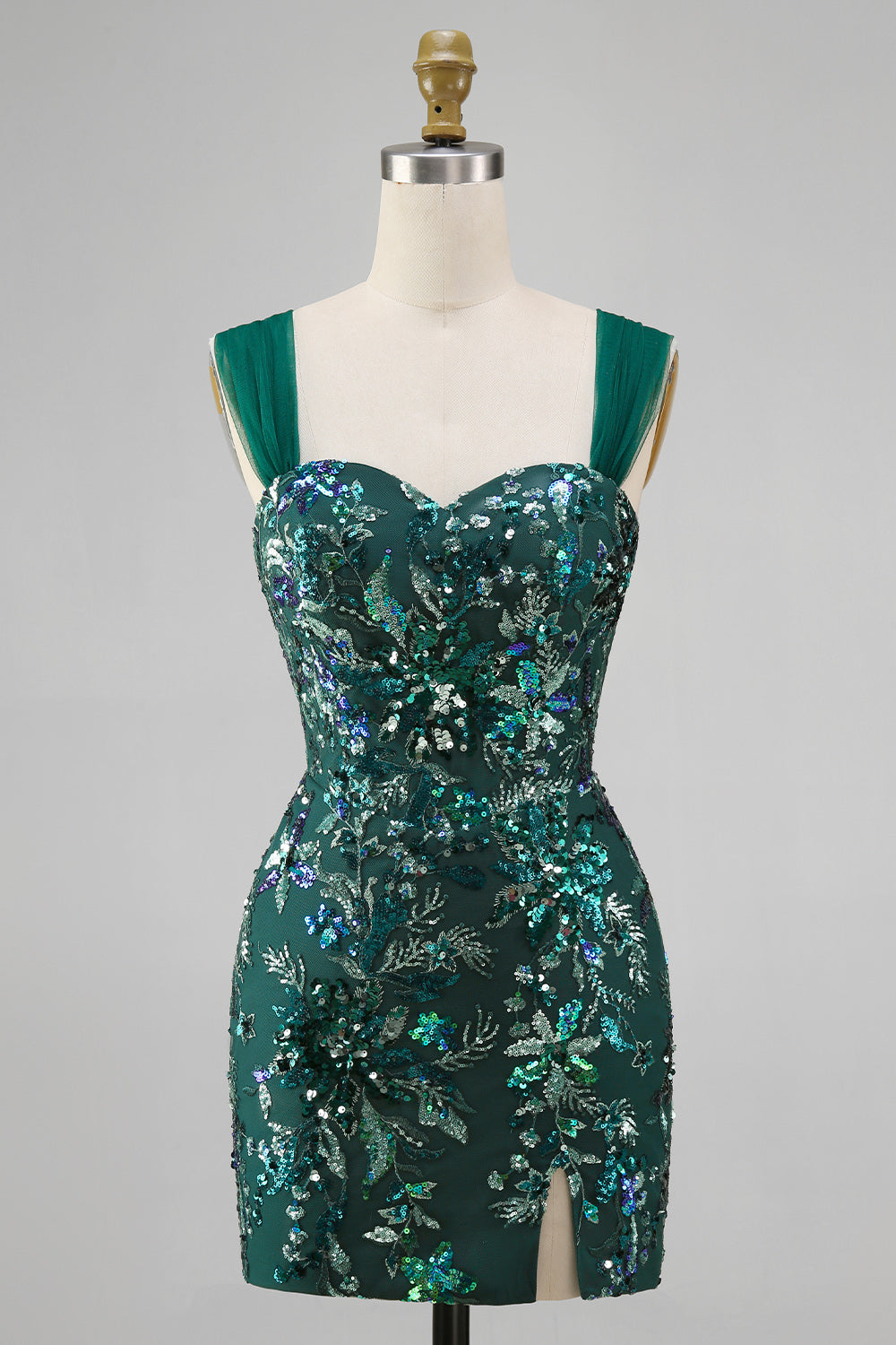 Sparkly Dark Green Tight Short Beaded Floral Homecoming Dress with Slit