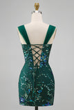 Sparkly Dark Green Tight Short Beaded Floral Homecoming Dress with Slit
