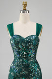 Sparkly Dark Green Tight Short Beaded Floral Homecoming Dress with Slit