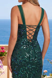 Sparkly Dark Green Tight Short Beaded Floral Homecoming Dress with Slit